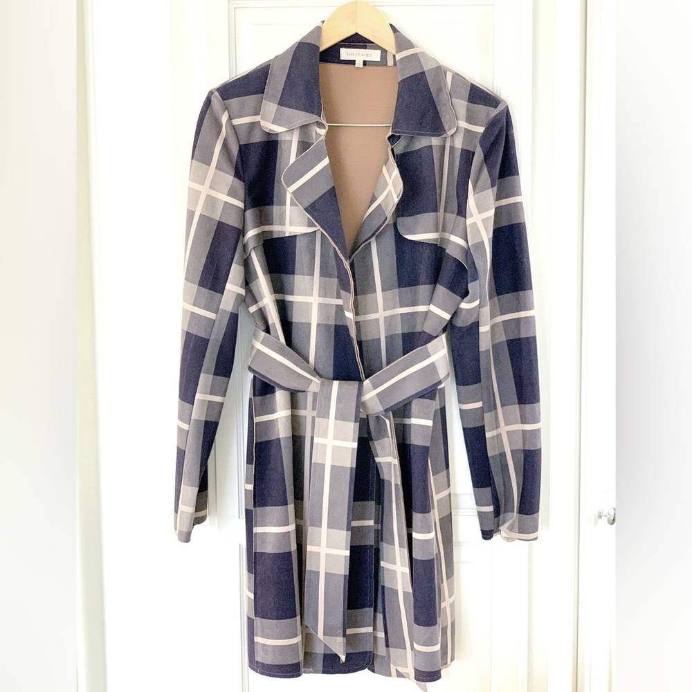 🧥SOLITAIRE Plaid Faux Suede Trench Coat - Picture 2 of 11